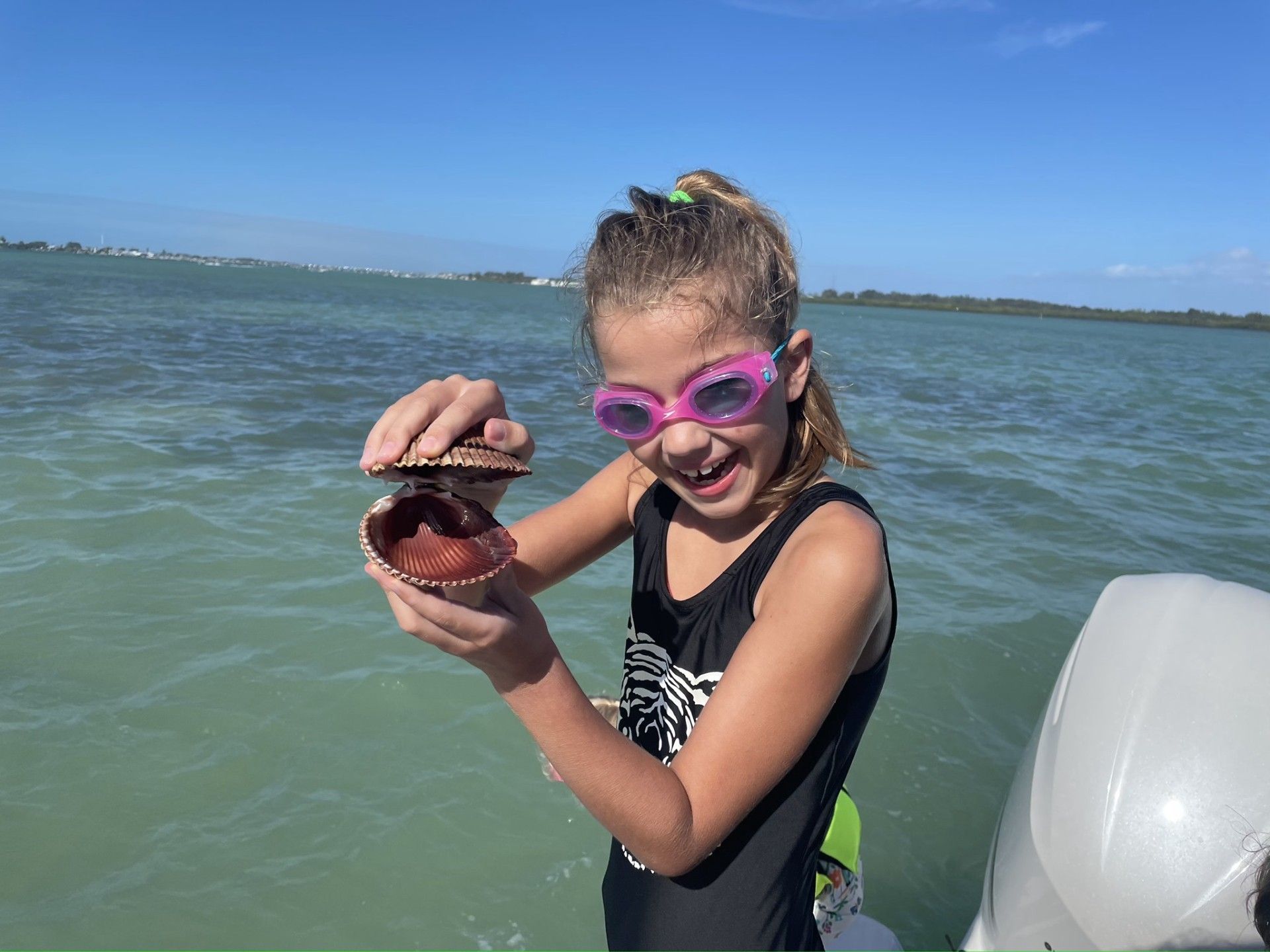 A little girl wearing pink sunglasses is holding a sea shell