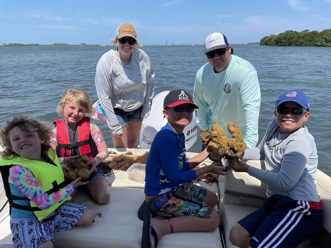 Children holding sea sponges and stones with their parents