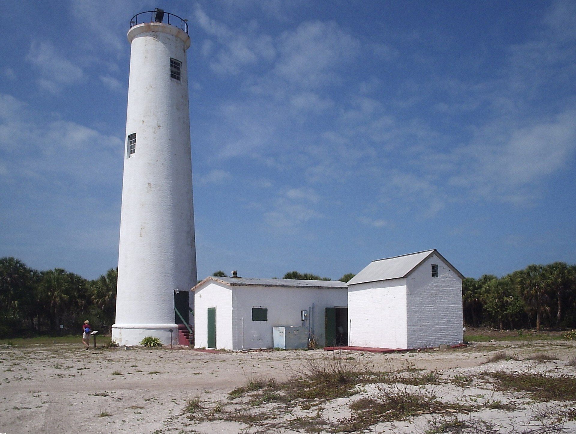 A white lighthouse stands in the middle of a sandy field