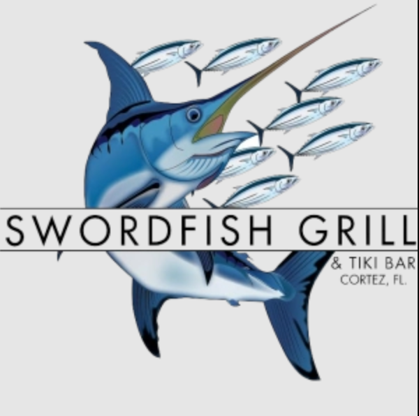 A blue swordfish leaping, with a school of smaller fish, the words 