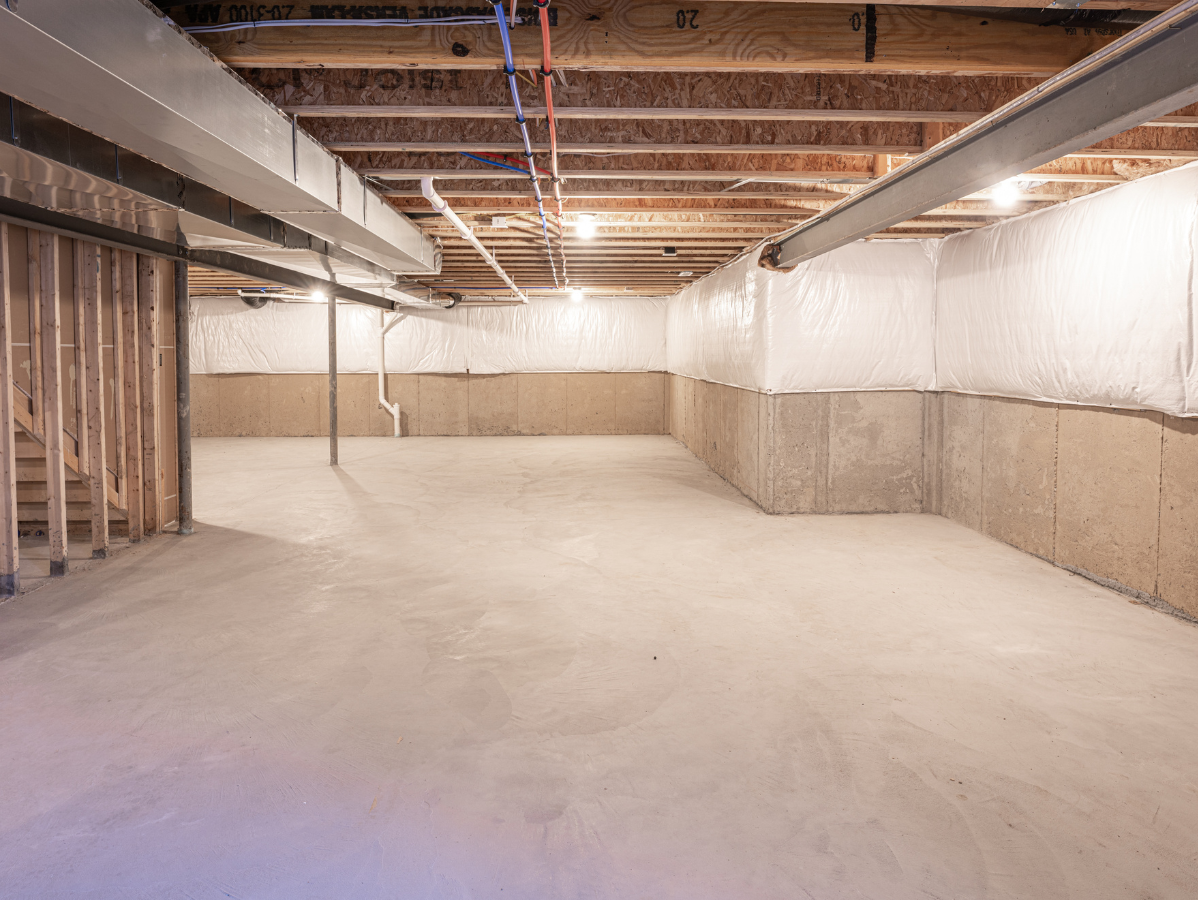 Empty concrete basement with exposed beams and insulation on walls.