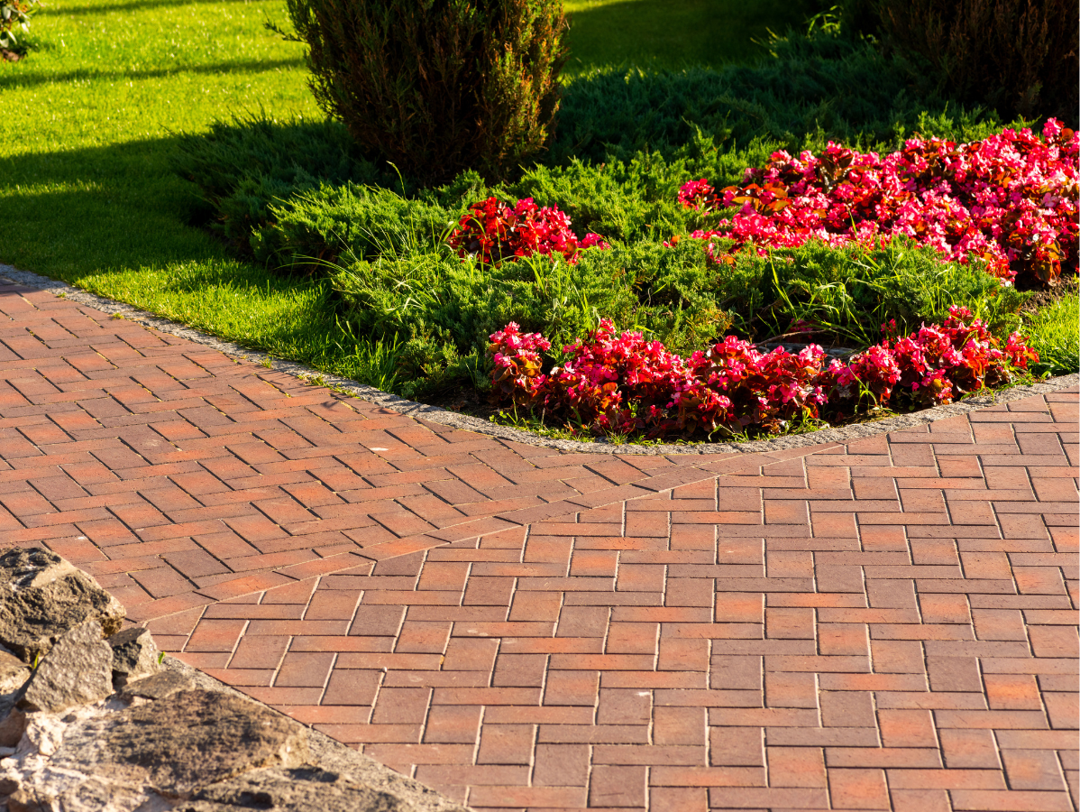 Brick pathway curves past flowerbed with red flowers and green bushes.