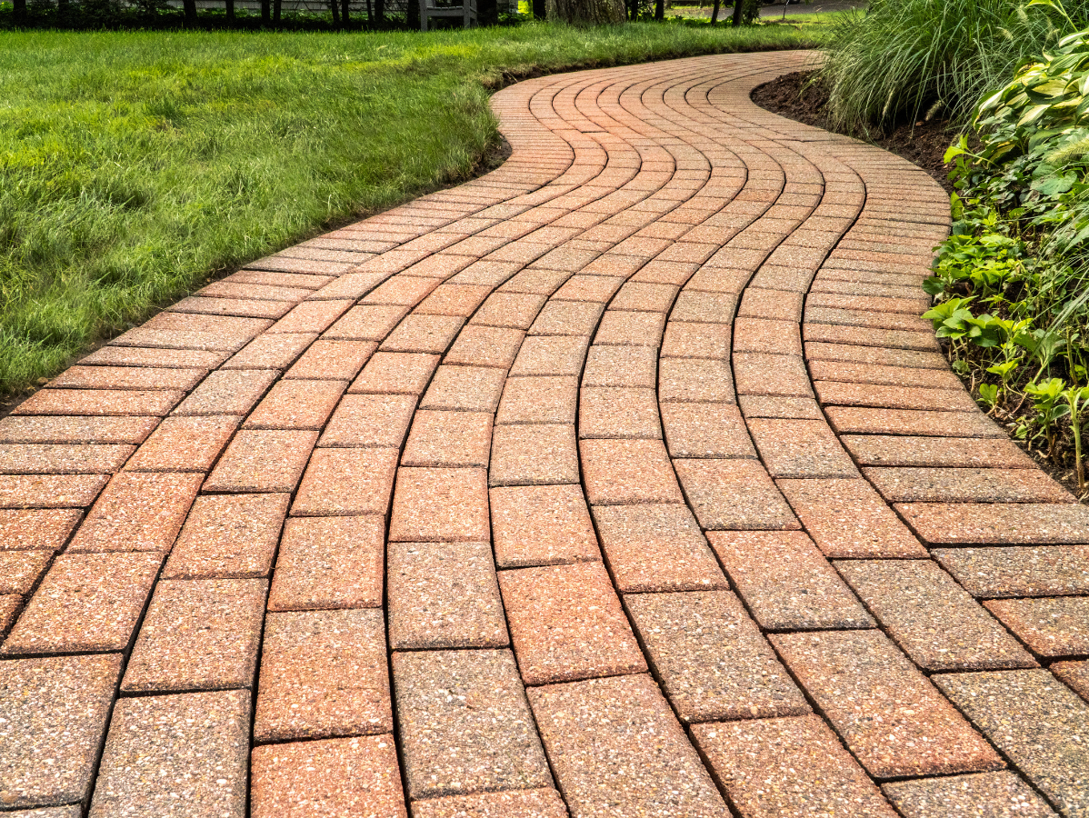 Brick pathway curves through a grassy yard, framed by greenery, in sunlight.