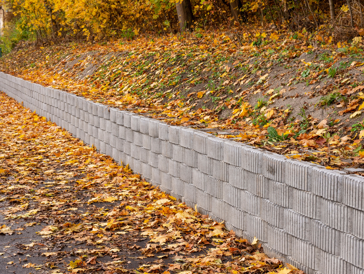 A long gray concrete block wall beside a path, covered in fallen autumn leaves, under a tree.