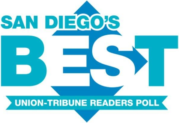"San Diego's Best" logo. Turquoise and white text on a blue diamond. "BEST" has an arrow through it.