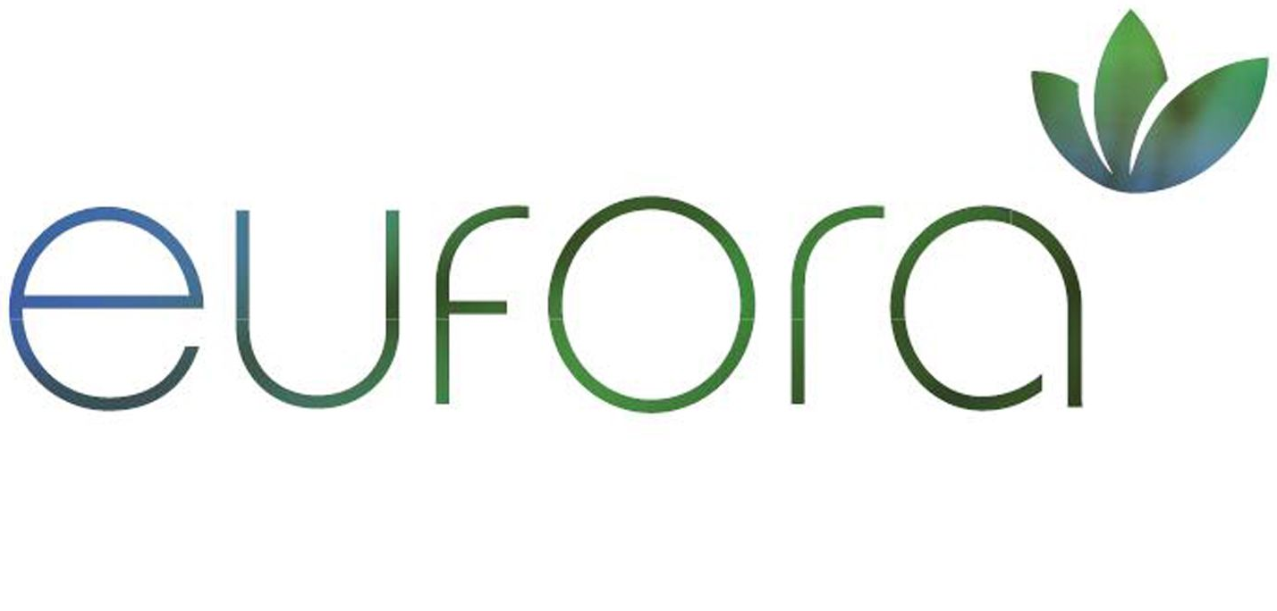 Eufora logo: Green text with a lotus flower icon.