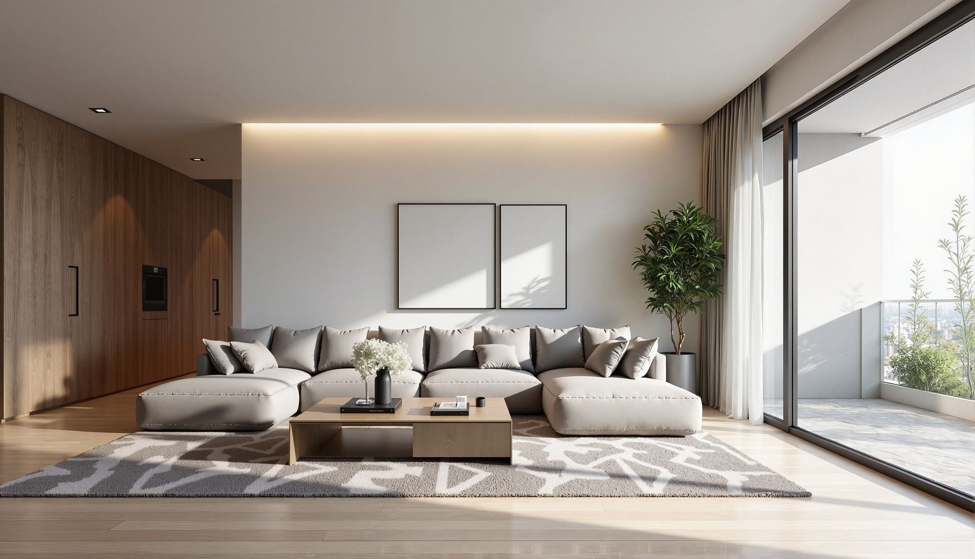 A living room with a large sectional couch , coffee table , and sliding glass doors.