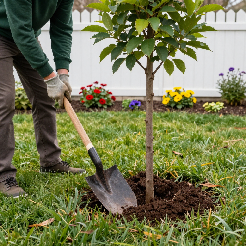 Person digging soil around a young tree in a garden with flowers and a white fence.