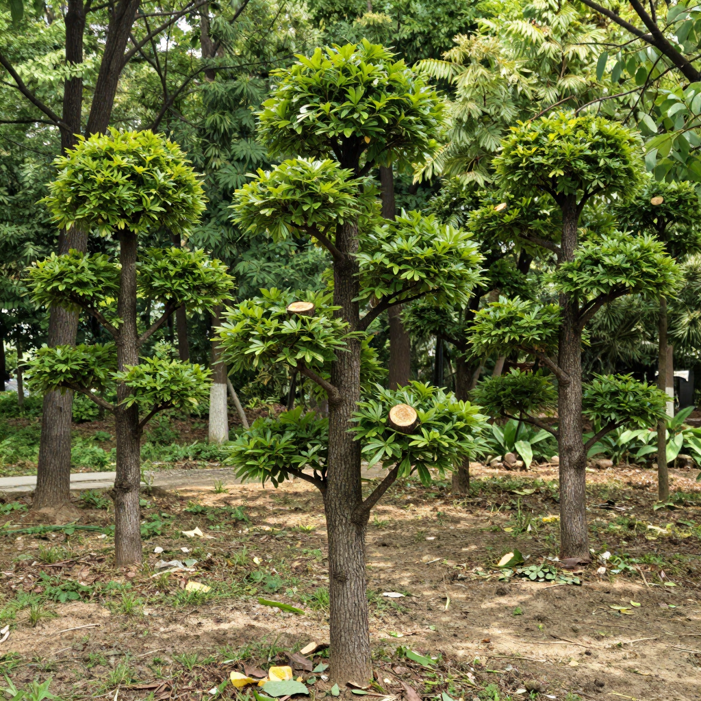 Rows of pruned green trees in an orchard with bare soil beneath