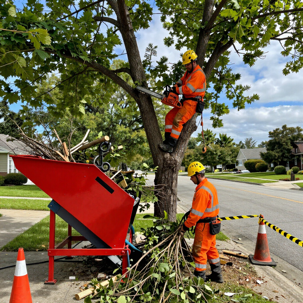 Two workers in orange gear trimming a tree beside a red wood chipper on a residential street