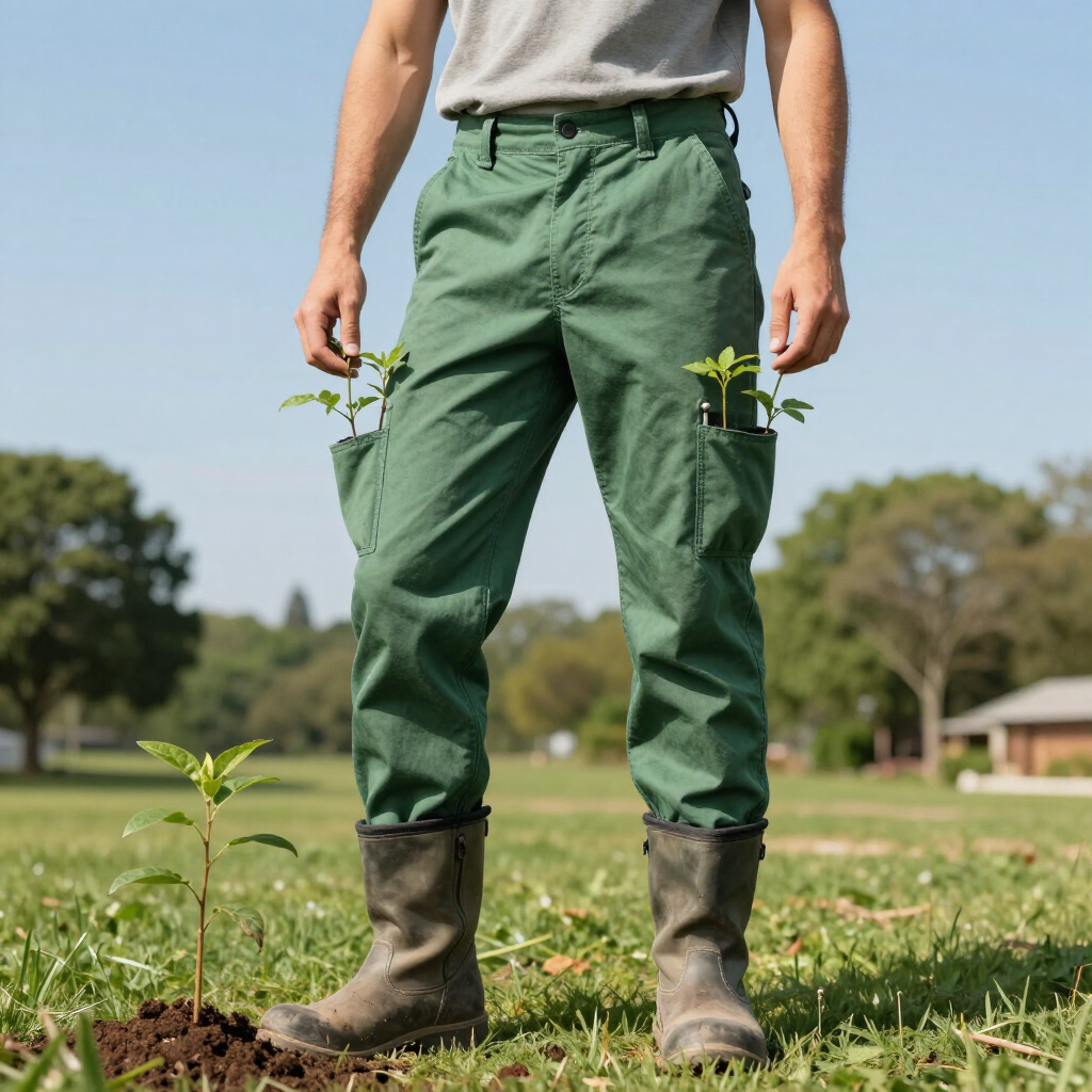 Person in green pants and boots stands in a grassy field, holding small seedlings.