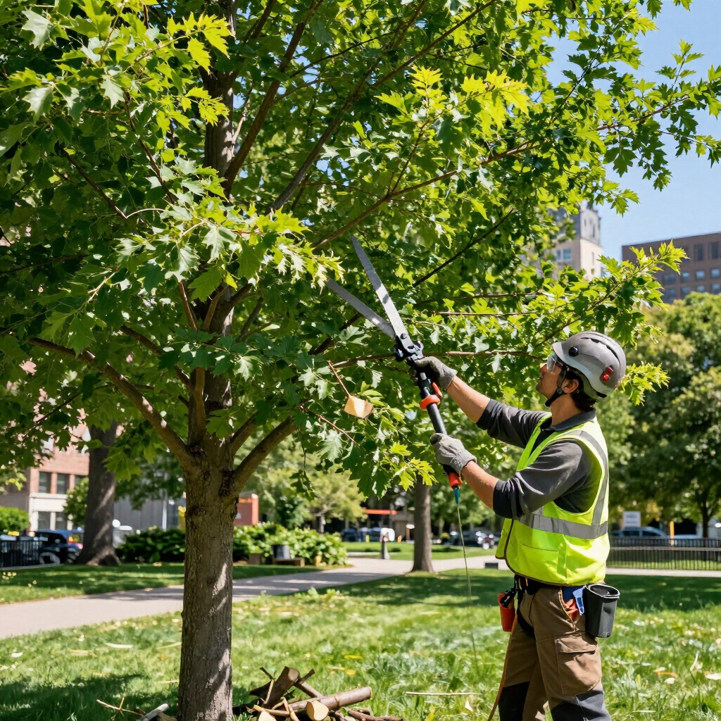 Worker in safety vest trimming a tree branch with long-handled pruners in a sunny park