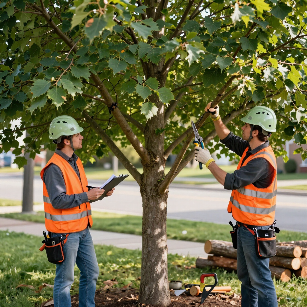 Two arborists in orange safety vests trimming a tree in a suburban yard