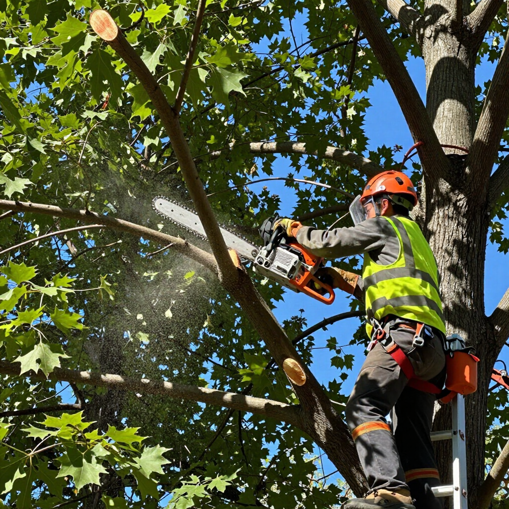 Arborist in orange helmet and hi-vis jacket using a chainsaw to cut a tree branch from a ladder.