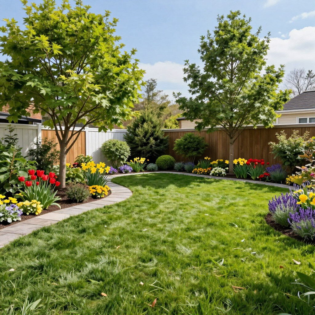 Lush backyard garden with green lawn, flowering beds, two trees, and a curved stone border under sunny skies