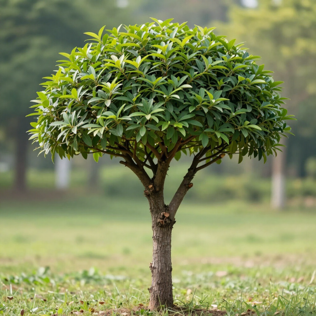 Small leafy tree with a rounded canopy standing in a grassy park.