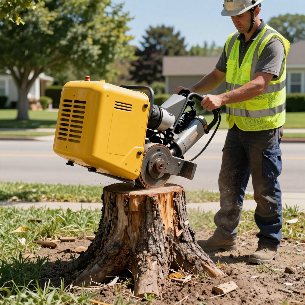 Worker using a yellow stump grinder to remove a tree stump in a suburban yard
