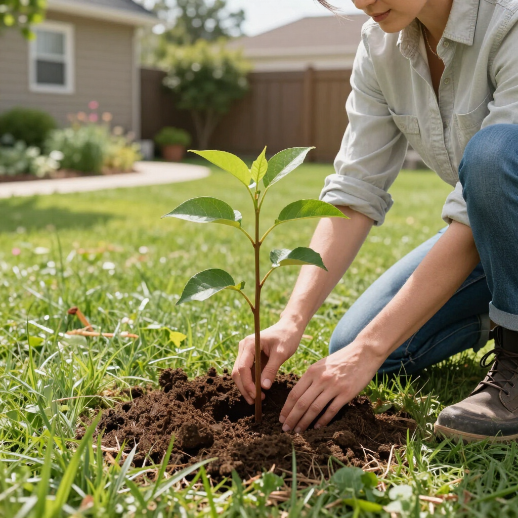 Person planting a young sapling in a grassy backyard garden