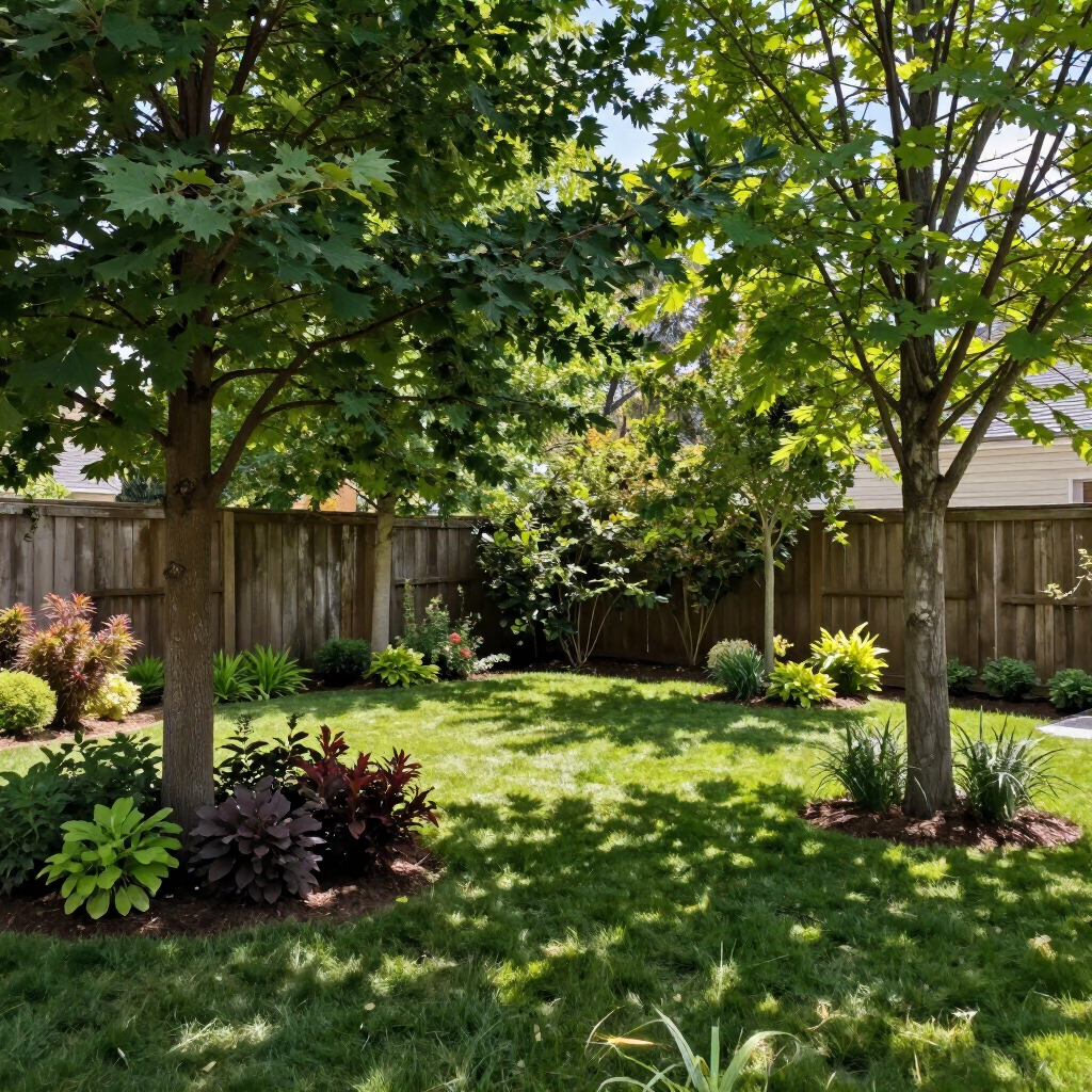 Sunlit backyard garden with two trees, lush green lawn, flower beds, and a wooden fence