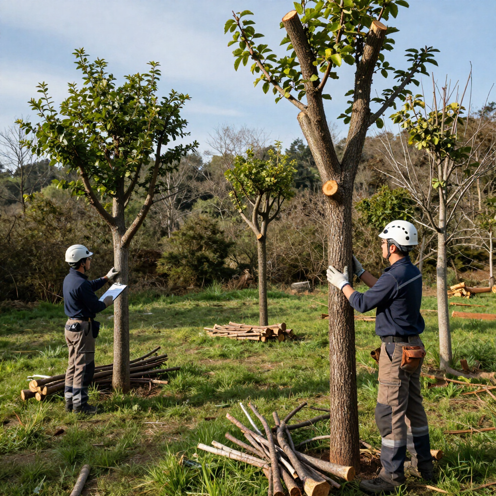 Two workers pruning young orchard trees outdoors with cut branches piled nearby