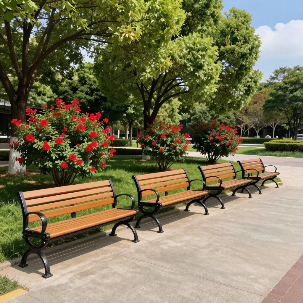 Park benches along a tree-lined path beside red flowering bushes on a sunny day
