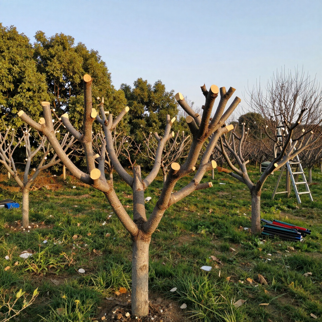 Pruned orchard trees in a grassy field, with a ladder and garden tools nearby.