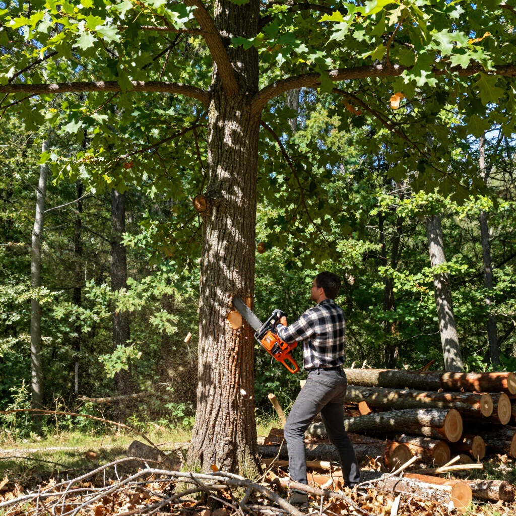 Person operating an orange chainsaw to cut a tree trunk in a wooded logging area