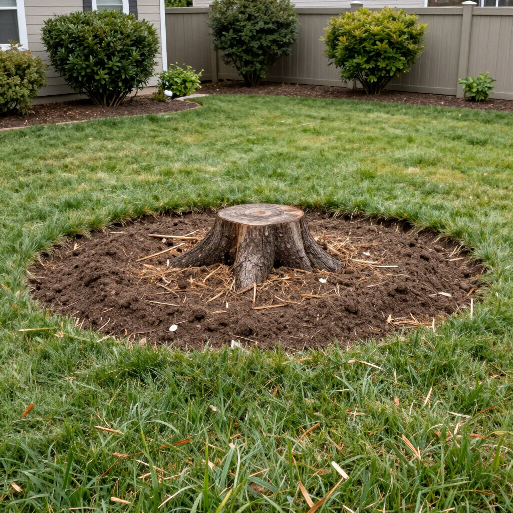 Freshly cut tree stump centered in a grassy backyard with a dirt ring around it