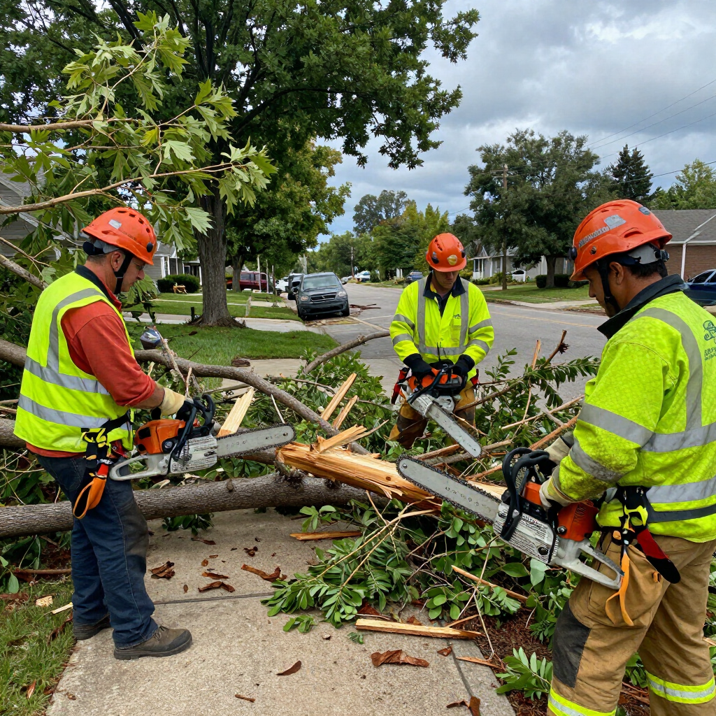Three utility workers in orange helmets cut a fallen tree limb on a suburban street.