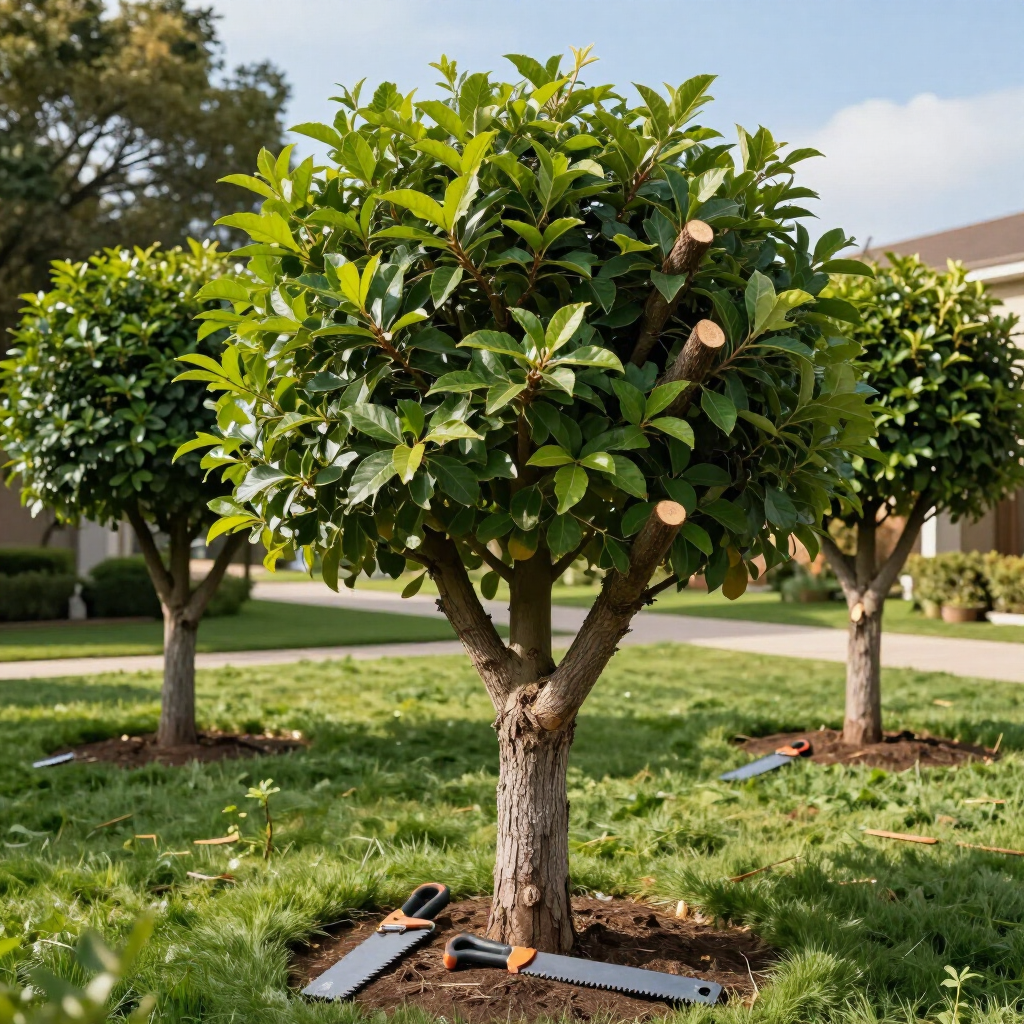 Trimmed ornamental trees in a suburban lawn with pruning tools at the base