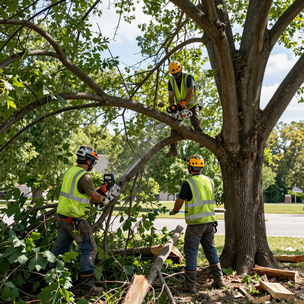 Workers in safety vests and helmets trimming a large tree with chainsaws in a yard