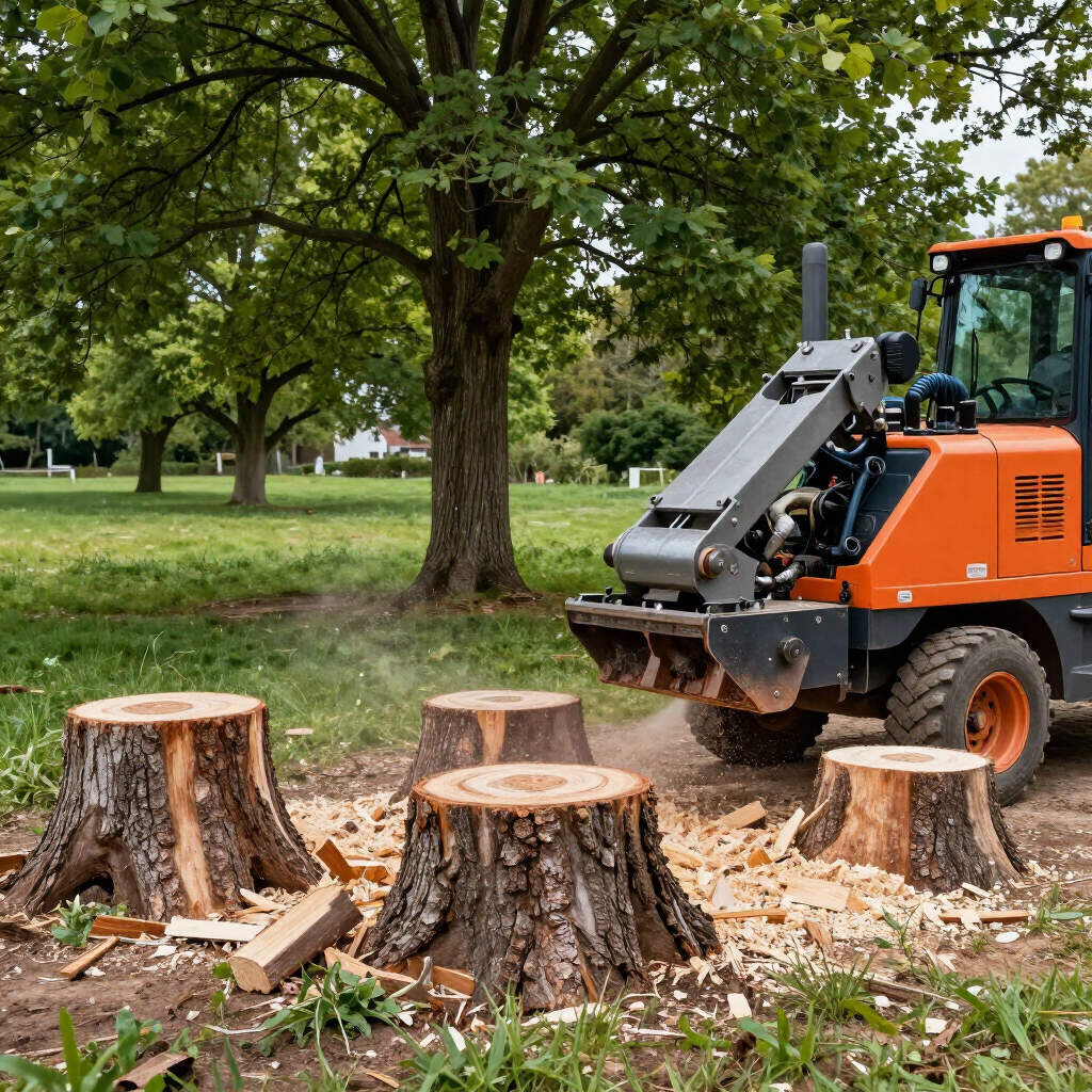 Orange stump grinder clearing tree stumps in a grassy park under a large tree