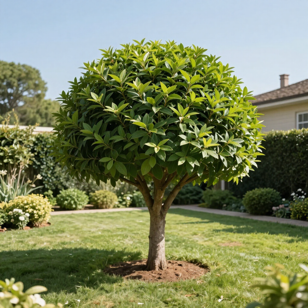 A neatly trimmed round-top tree in a sunny suburban garden lawn.
