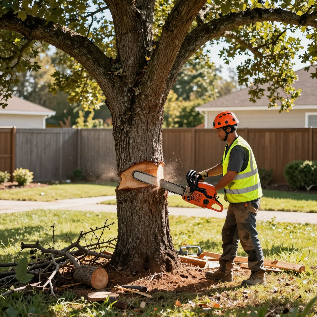 Worker in safety gear cutting a tree trunk with a chainsaw in a suburban yard