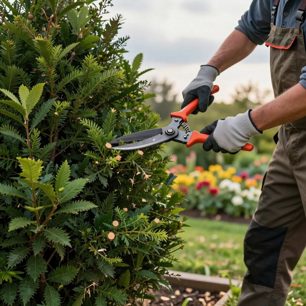 Gardener trimming a green hedge with pruning shears in a flower garden