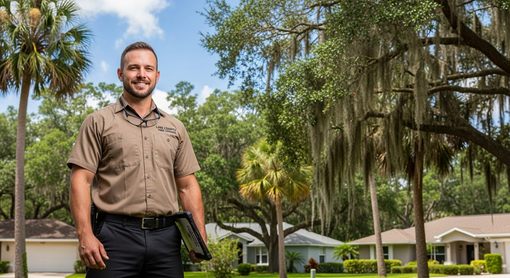 A smiling professional in a tan uniform stands outdoors holding a digital tablet in front of a residential neighborhood.