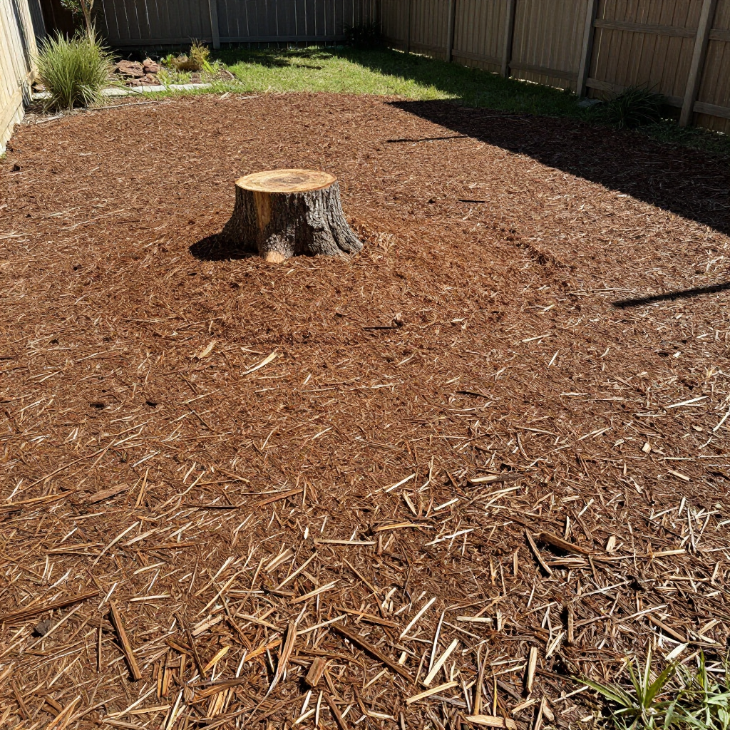 Backyard covered in wood chips with a tree stump in the center and a fence around the yard