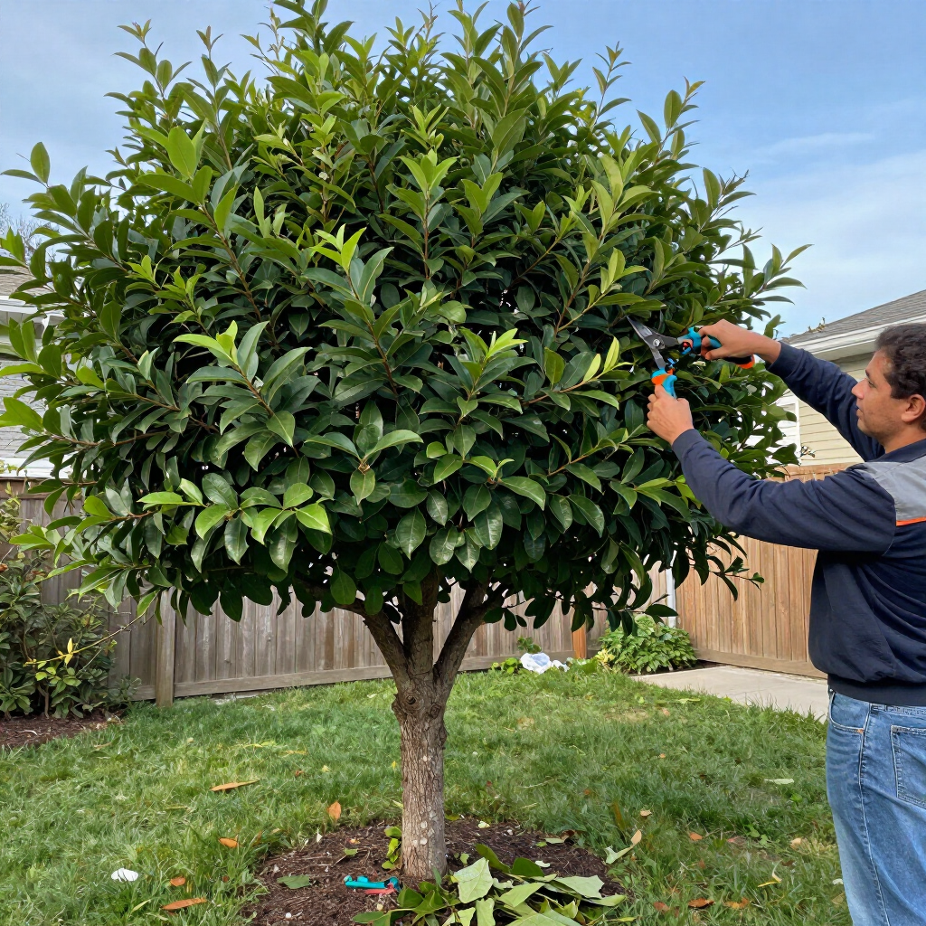 Man trimming a small tree in a backyard with hedge shears