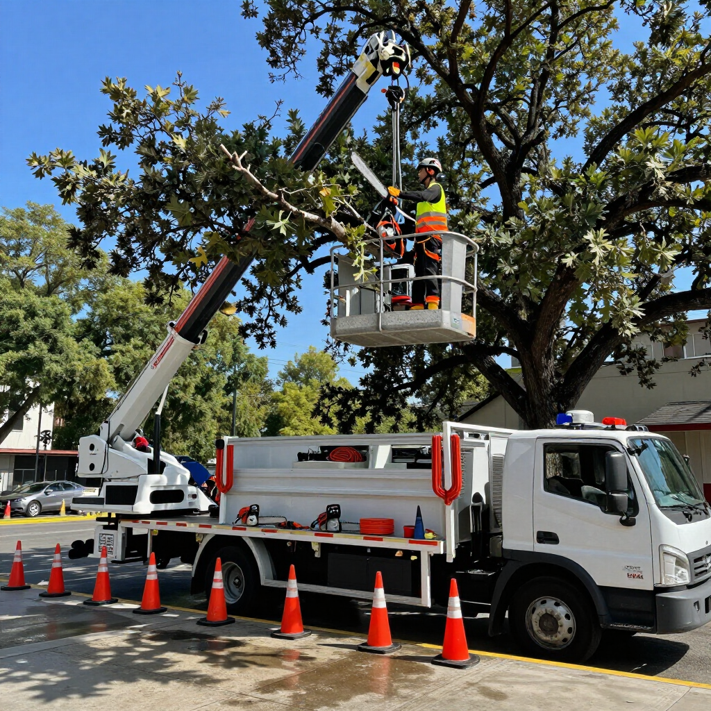Workers in a bucket truck trimming tree branches along a tree-lined street with traffic cones nearby