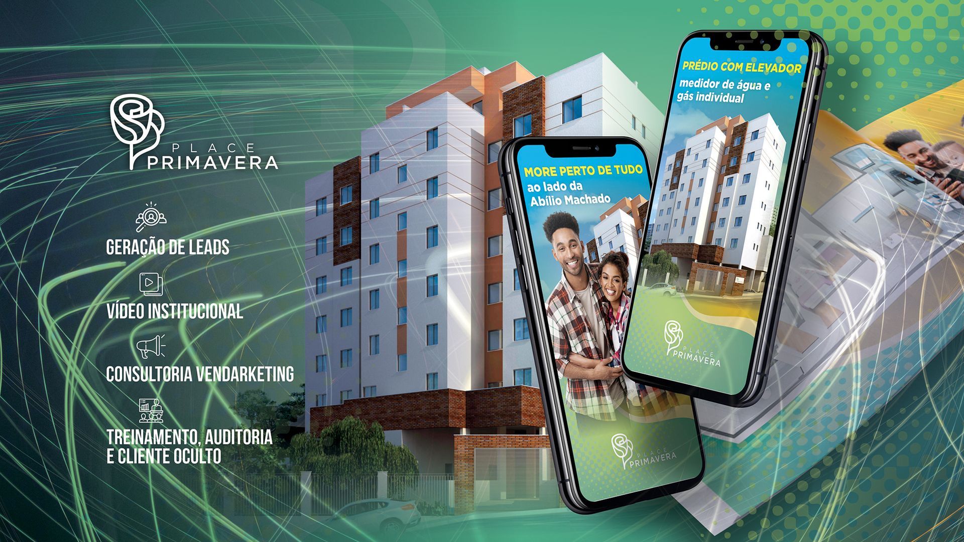 Alguns telefones colocados um ao lado do outro com um prédio ao fundo.