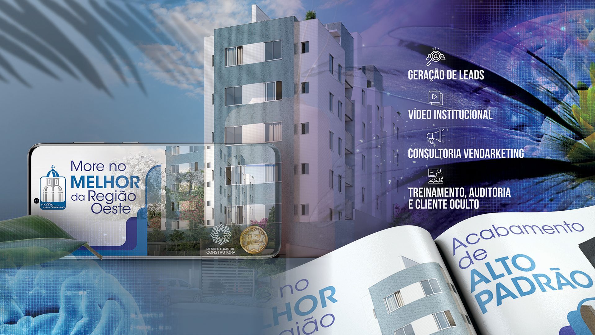 Uma foto de um prédio e um livro que diz alto padrão