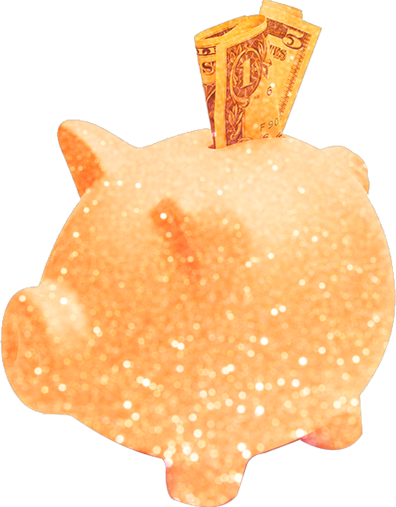 Sparkling orange piggy bank with a dollar bill sticking out of the slot.