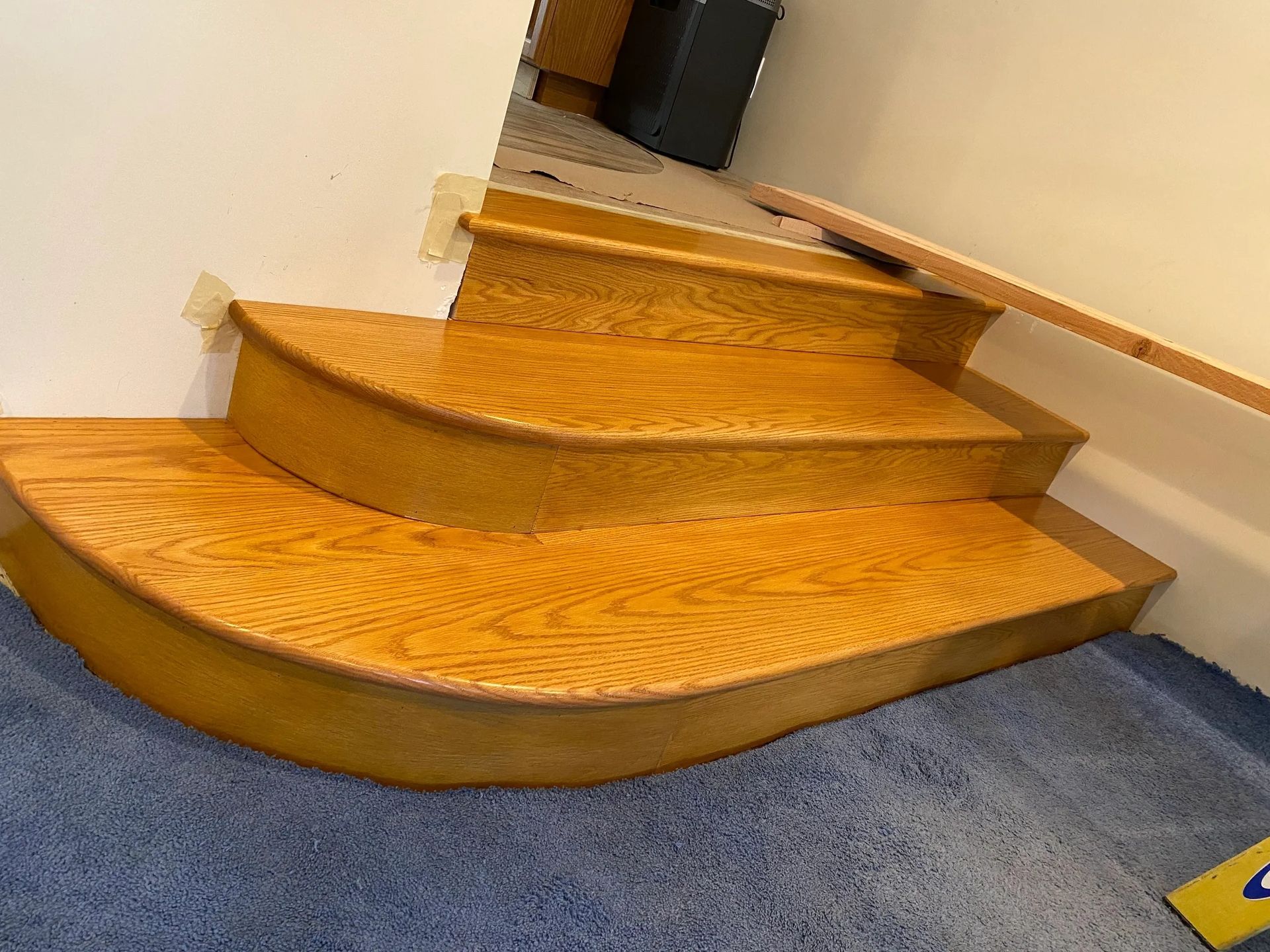 A set of wooden stairs in a room with a blue carpet