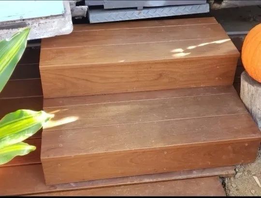 A wooden staircase next to a pumpkin and a plant