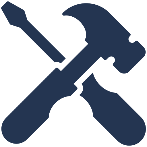 A hammer and screwdriver crossed over each other on a white background.