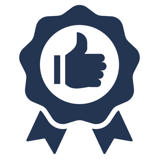 A blue ribbon with a thumbs up in the middle.