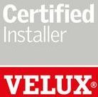 VELUX Certified Installer logo in white text on a grey background, above the red VELUX logo.