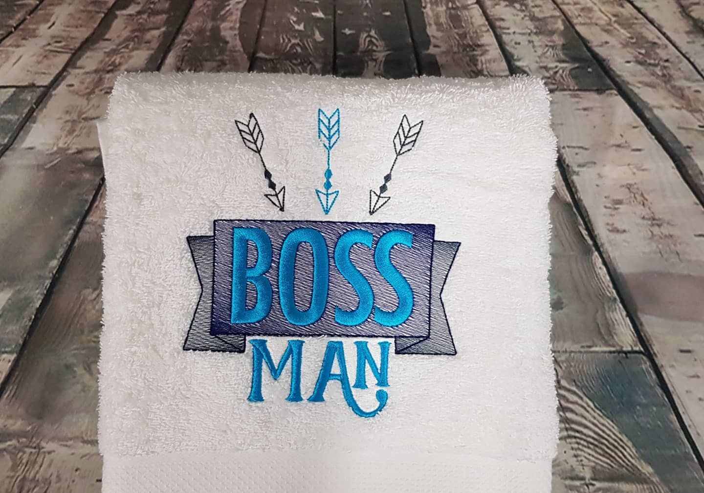White Towel Embroidered With BOSS MAN And Arrows in Blue — Sew Affordable In Woongarrah, NSW