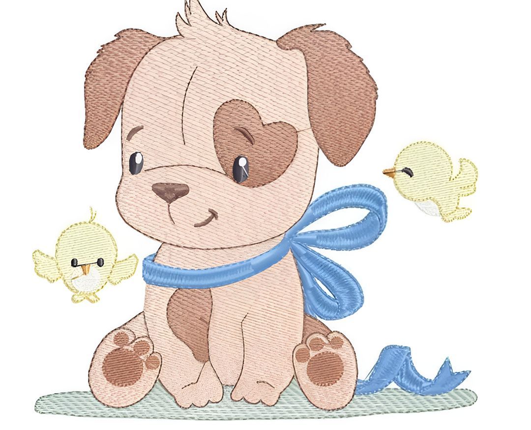 A Puppy With A Blue Bow Around Its Neck Is Sitting Next To Two Chicks — Sew Affordable In Charmhaven, NSW