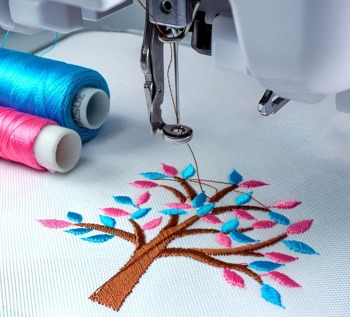 A Sewing Machine Is Embroidery A Tree On A Piece Of Fabric — Sew Affordable In Lake Macquarie, NSW